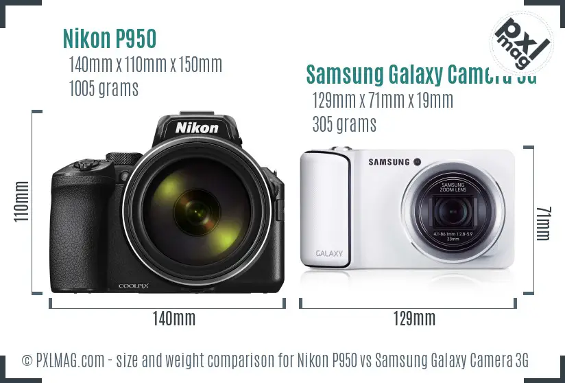 Nikon P950 vs Samsung Galaxy Camera 3G size comparison