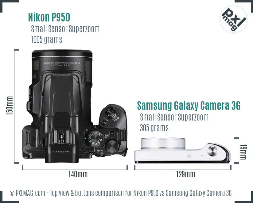 Nikon P950 vs Samsung Galaxy Camera 3G top view buttons comparison