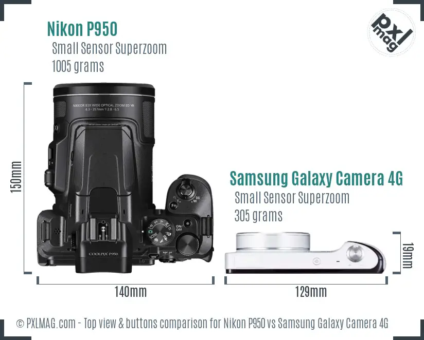 Nikon P950 vs Samsung Galaxy Camera 4G top view buttons comparison