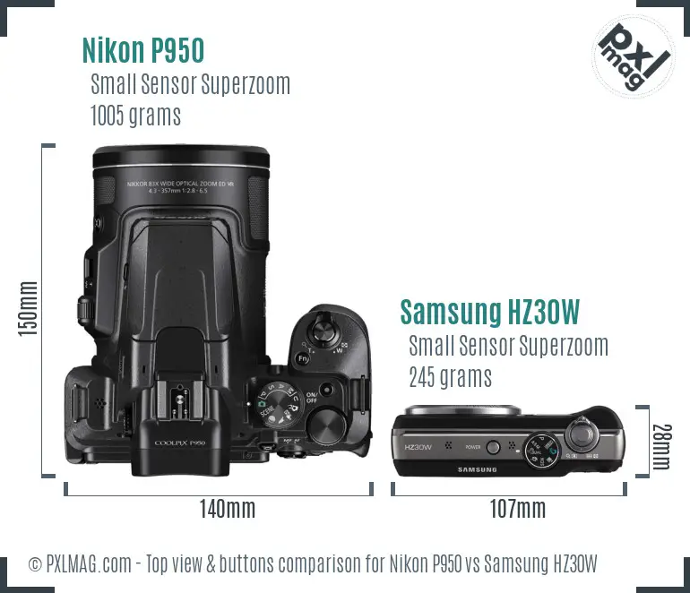 Nikon P950 vs Samsung HZ30W top view buttons comparison