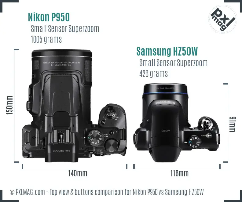 Nikon P950 vs Samsung HZ50W top view buttons comparison
