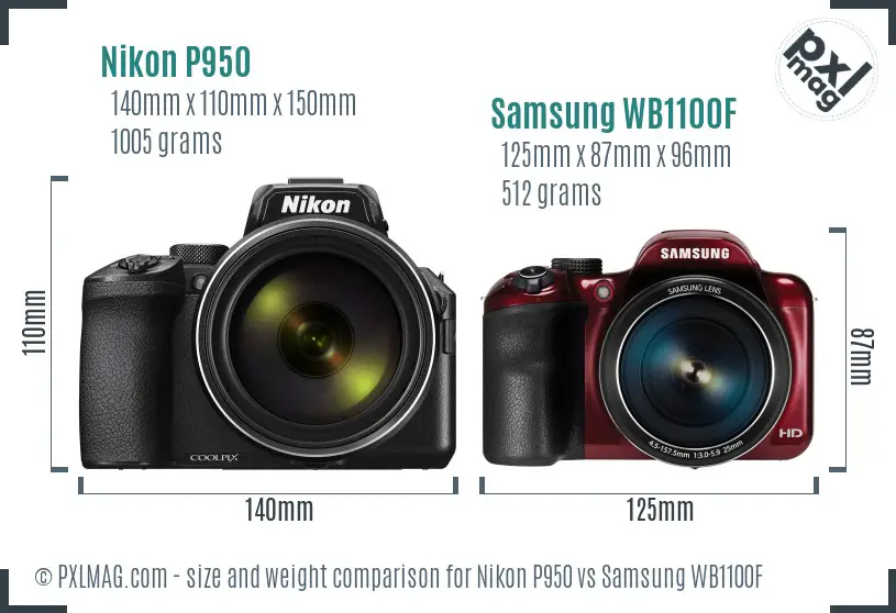 Nikon P950 vs Samsung WB1100F size comparison
