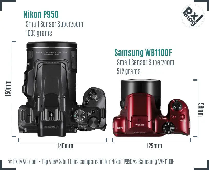 Nikon P950 vs Samsung WB1100F top view buttons comparison