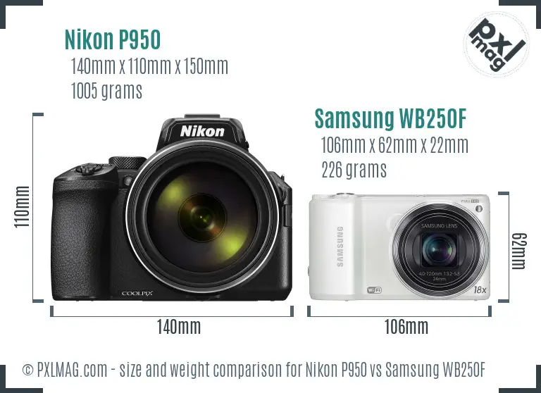 Nikon P950 vs Samsung WB250F size comparison