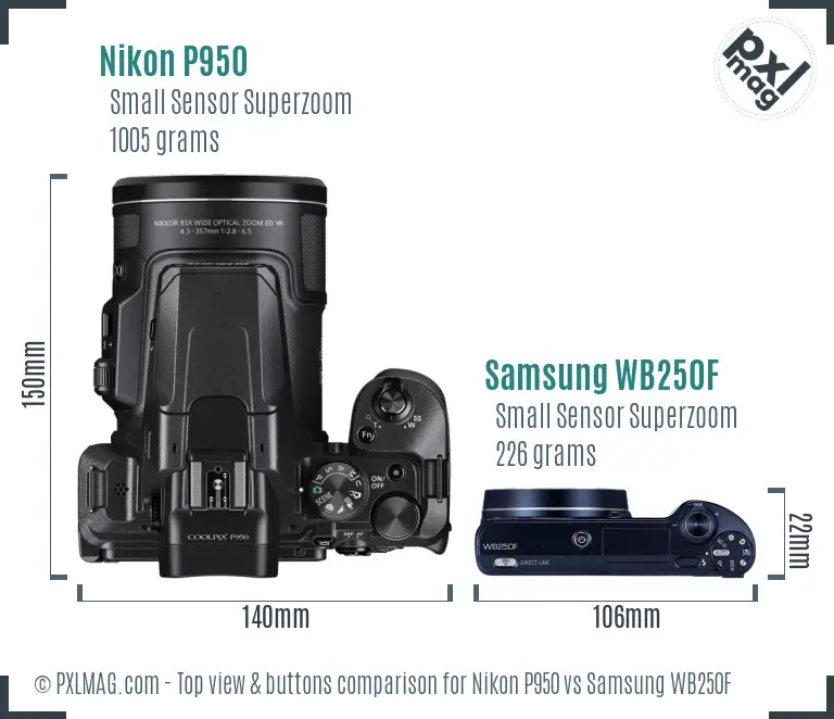Nikon P950 vs Samsung WB250F top view buttons comparison