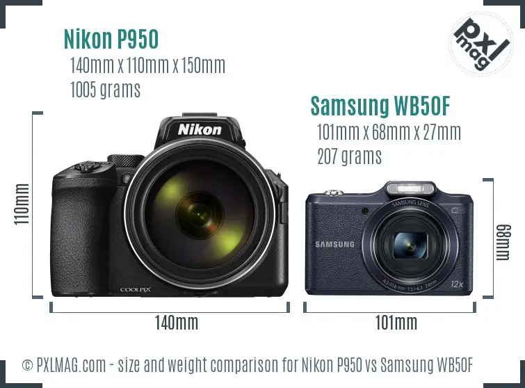 Nikon P950 vs Samsung WB50F size comparison