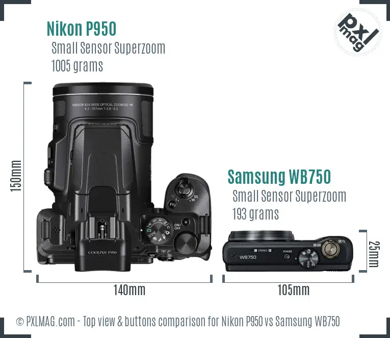 Nikon P950 vs Samsung WB750 top view buttons comparison