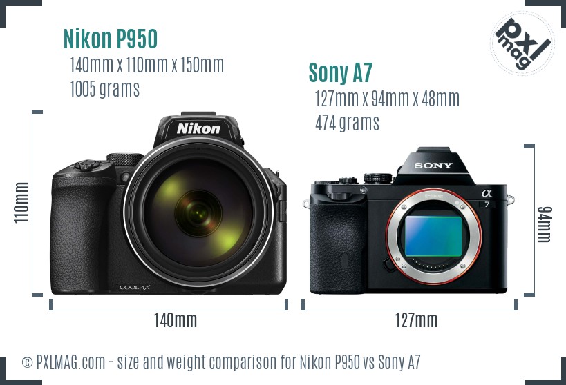 Nikon P950 vs Sony A7 size comparison