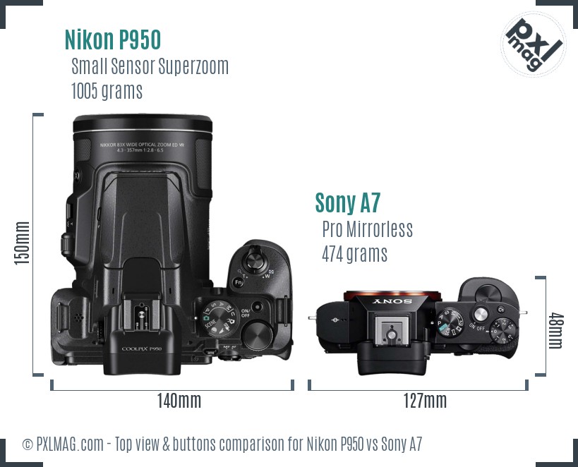 Nikon P950 vs Sony A7 top view buttons comparison