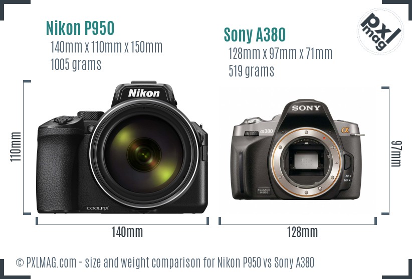 Nikon P950 vs Sony A380 size comparison