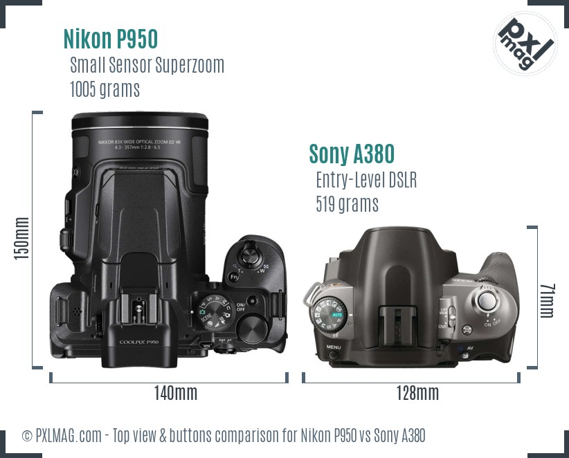 Nikon P950 vs Sony A380 top view buttons comparison