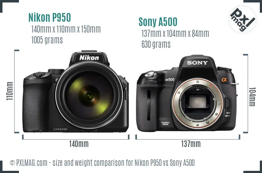 Nikon P950 vs Sony A500 size comparison