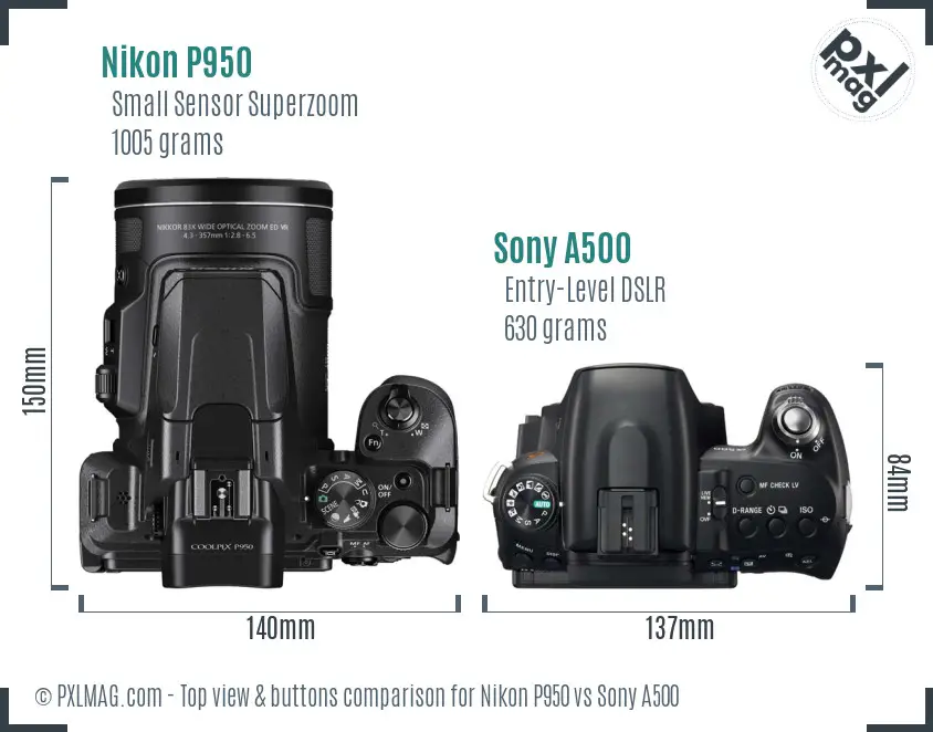Nikon P950 vs Sony A500 top view buttons comparison