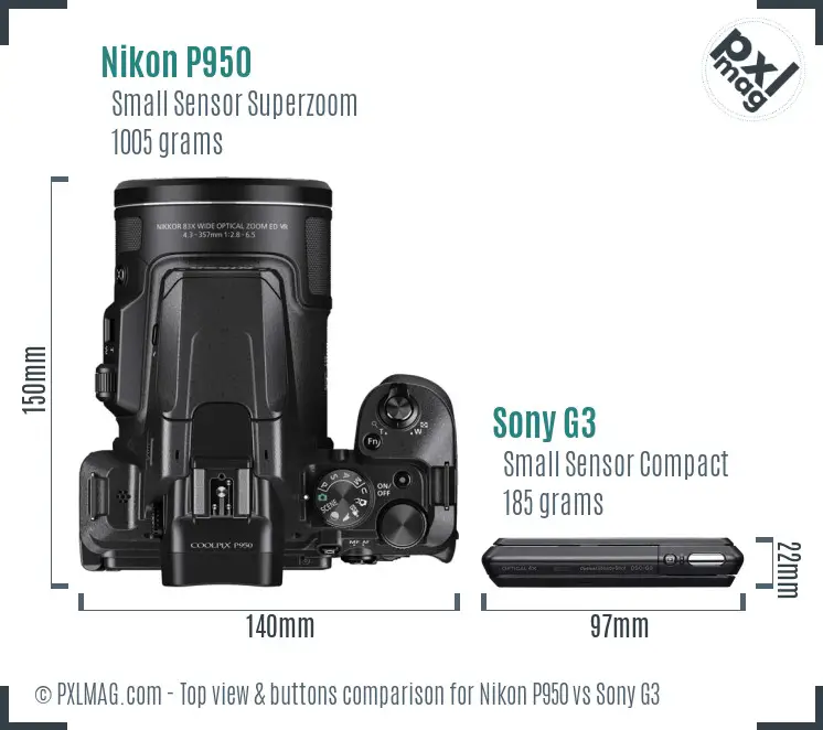 Nikon P950 vs Sony G3 top view buttons comparison