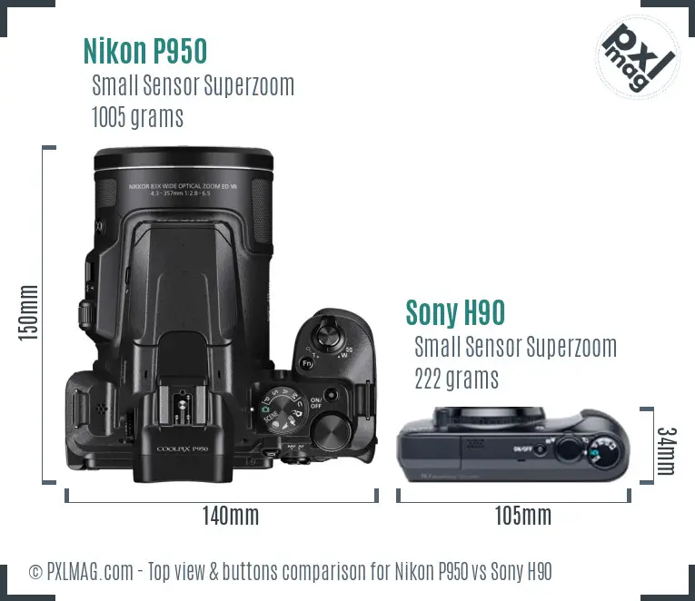 Nikon P950 vs Sony H90 top view buttons comparison