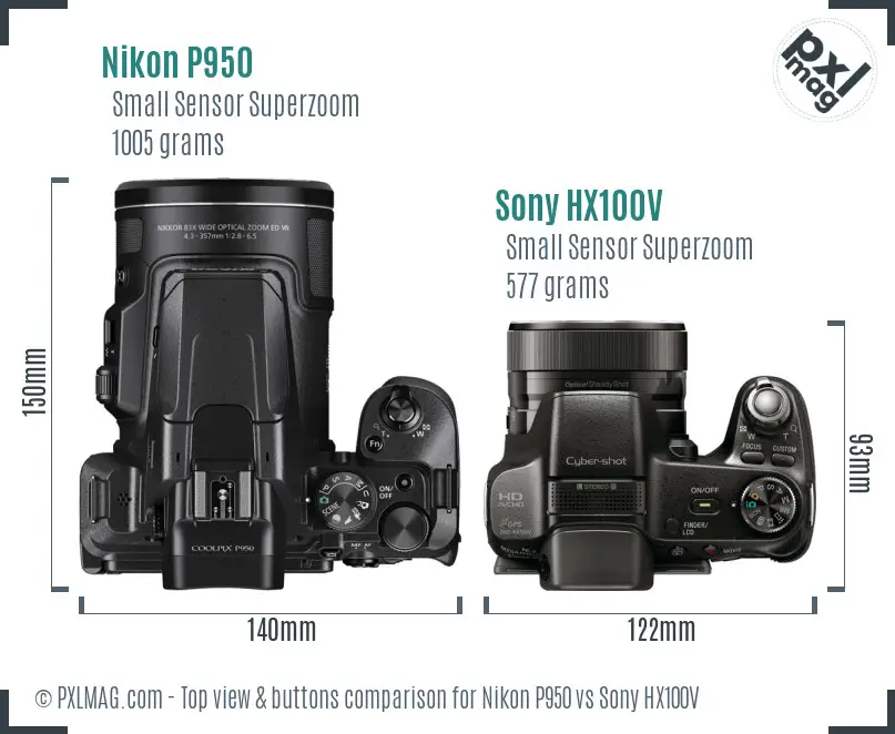 Nikon P950 vs Sony HX100V top view buttons comparison