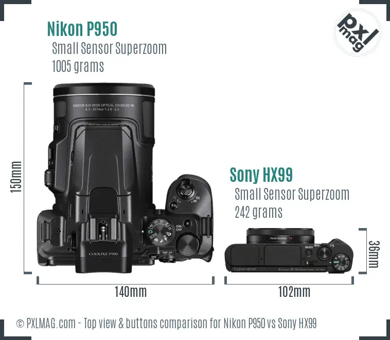 Nikon P950 vs Sony HX99 top view buttons comparison
