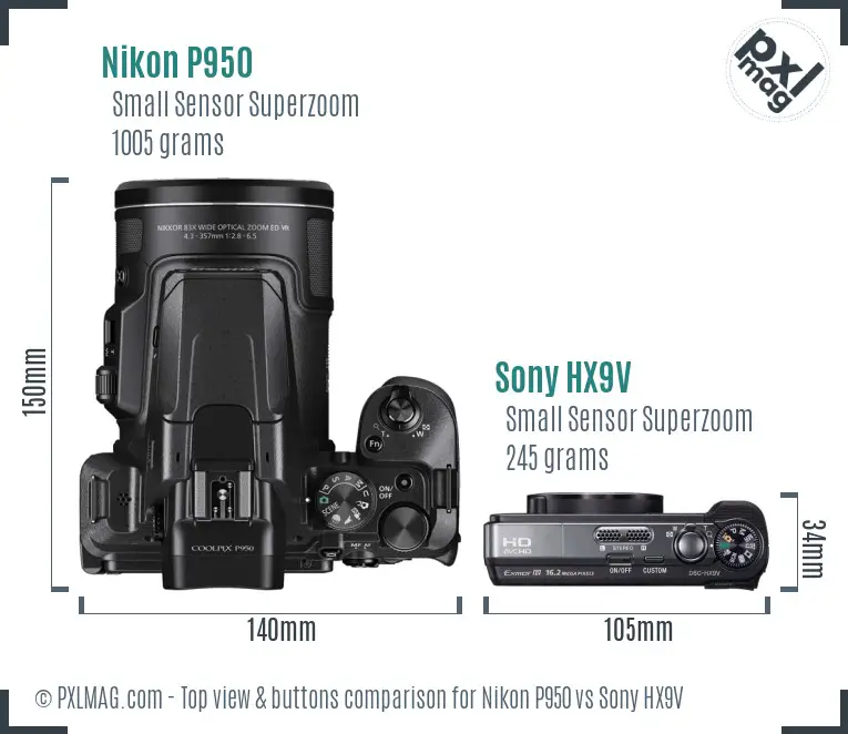 Nikon P950 vs Sony HX9V top view buttons comparison