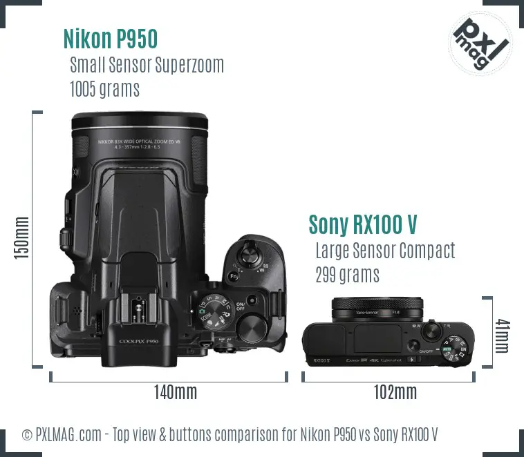 Nikon P950 vs Sony RX100 V top view buttons comparison