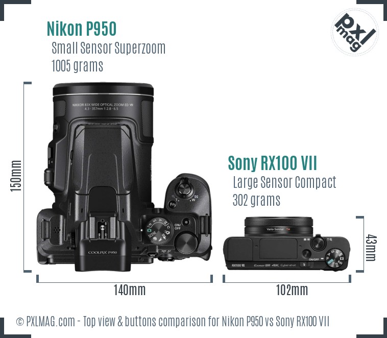 Nikon P950 vs Sony RX100 VII top view buttons comparison