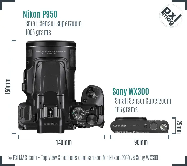 Nikon P950 vs Sony WX300 top view buttons comparison
