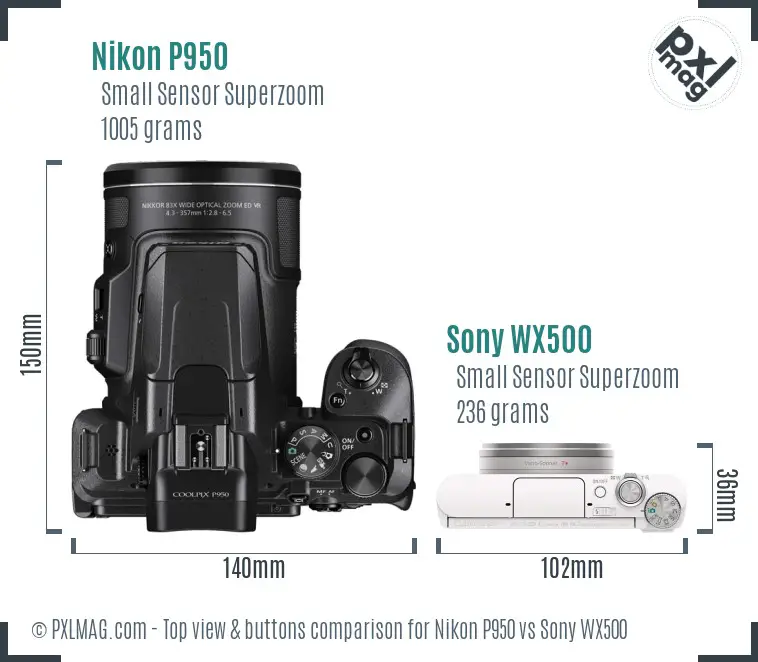 Nikon P950 vs Sony WX500 top view buttons comparison