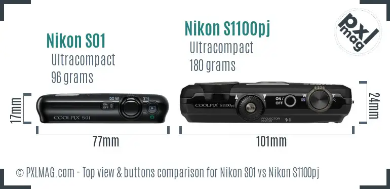 Nikon S01 vs Nikon S1100pj top view buttons comparison