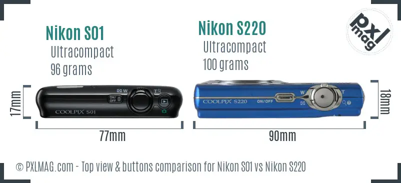 Nikon S01 vs Nikon S220 top view buttons comparison