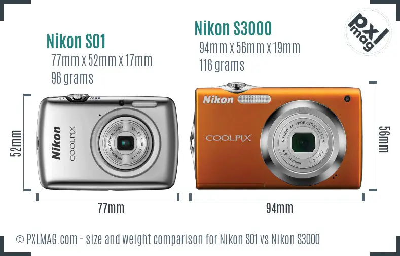Nikon S01 vs Nikon S3000 size comparison