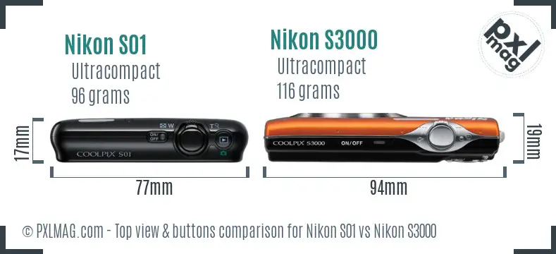 Nikon S01 vs Nikon S3000 top view buttons comparison