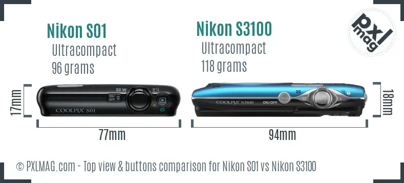 Nikon S01 vs Nikon S3100 top view buttons comparison Nikon S01 vs Nikon S3100 top view buttons comparison