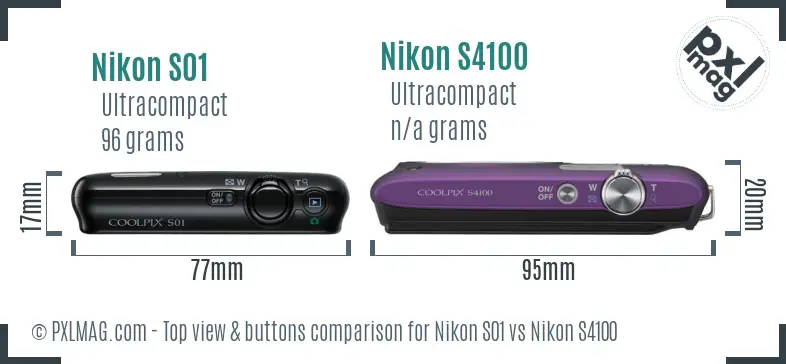 Nikon S01 vs Nikon S4100 top view buttons comparison Nikon S01 vs Nikon S4100 top view buttons comparison