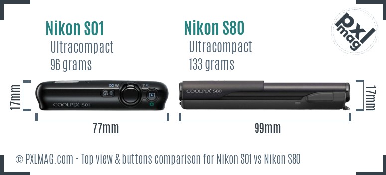 Nikon S01 vs Nikon S80 top view buttons comparison