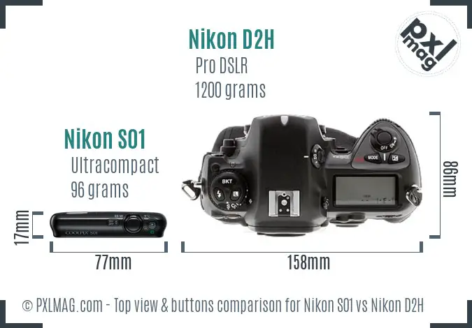 Nikon S01 vs Nikon D2H top view buttons comparison