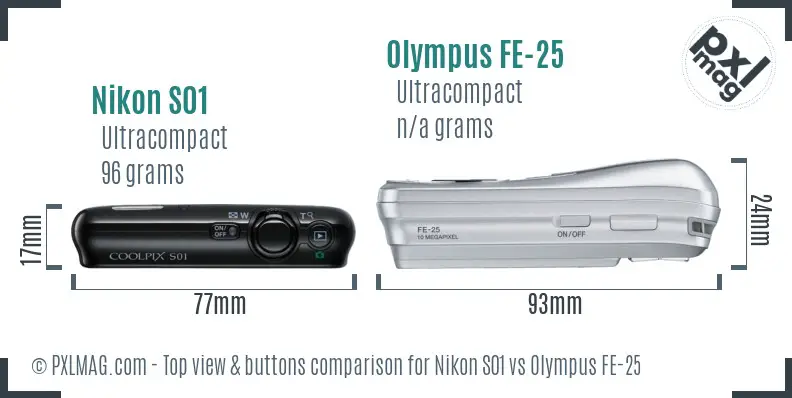 Nikon S01 vs Olympus FE-25 top view buttons comparison