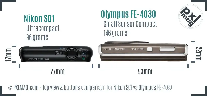 Nikon S01 vs Olympus FE-4030 top view buttons comparison