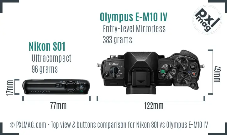 Nikon S01 vs Olympus E-M10 IV top view buttons comparison