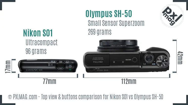 Nikon S01 vs Olympus SH-50 top view buttons comparison
