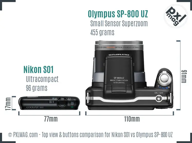 Nikon S01 vs Olympus SP-800 UZ top view buttons comparison