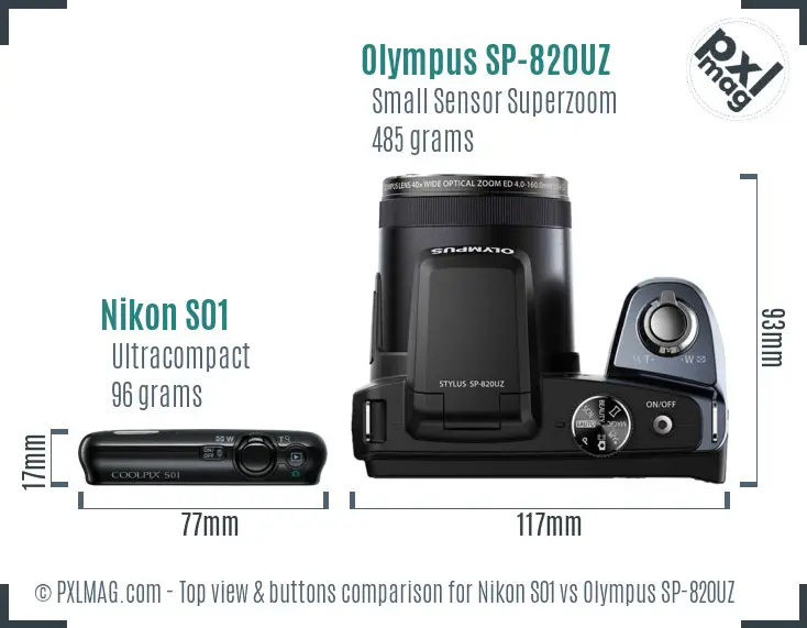 Nikon S01 vs Olympus SP-820UZ top view buttons comparison