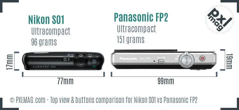 Nikon S01 vs Panasonic FP2 top view buttons comparison