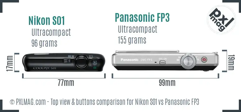 Nikon S01 vs Panasonic FP3 top view buttons comparison