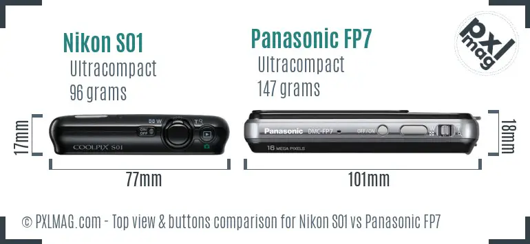 Nikon S01 vs Panasonic FP7 top view buttons comparison