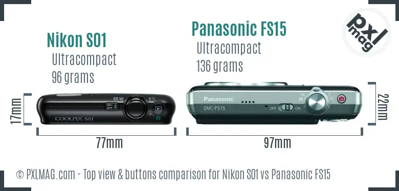 Nikon S01 vs Panasonic FS15 top view buttons comparison Nikon S01 vs Panasonic FS15 top view buttons comparison