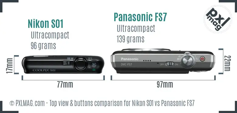 Nikon S01 vs Panasonic FS7 top view buttons comparison