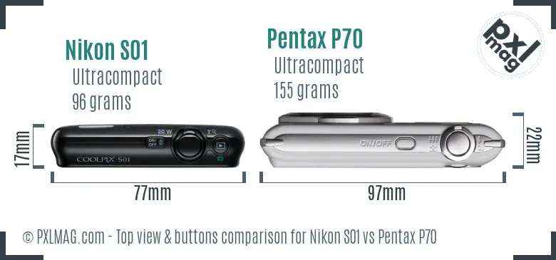 Nikon S01 vs Pentax P70 top view buttons comparison