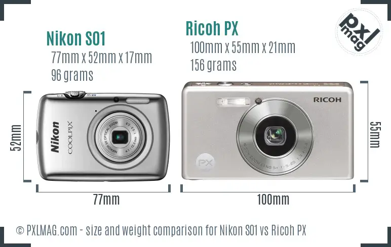 Nikon S01 vs Ricoh PX size comparison