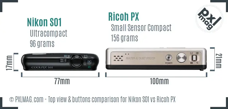 Nikon S01 vs Ricoh PX top view buttons comparison