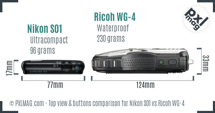 Nikon S01 vs Ricoh WG-4 top view buttons comparison