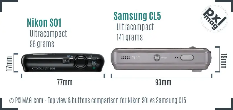 Nikon S01 vs Samsung CL5 top view buttons comparison